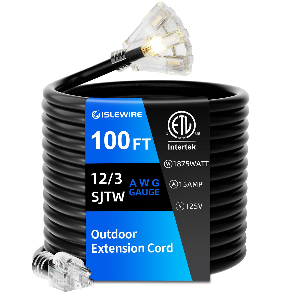 100 FT 12 Gauge Black Extension Cord with 3 Outlet V191641