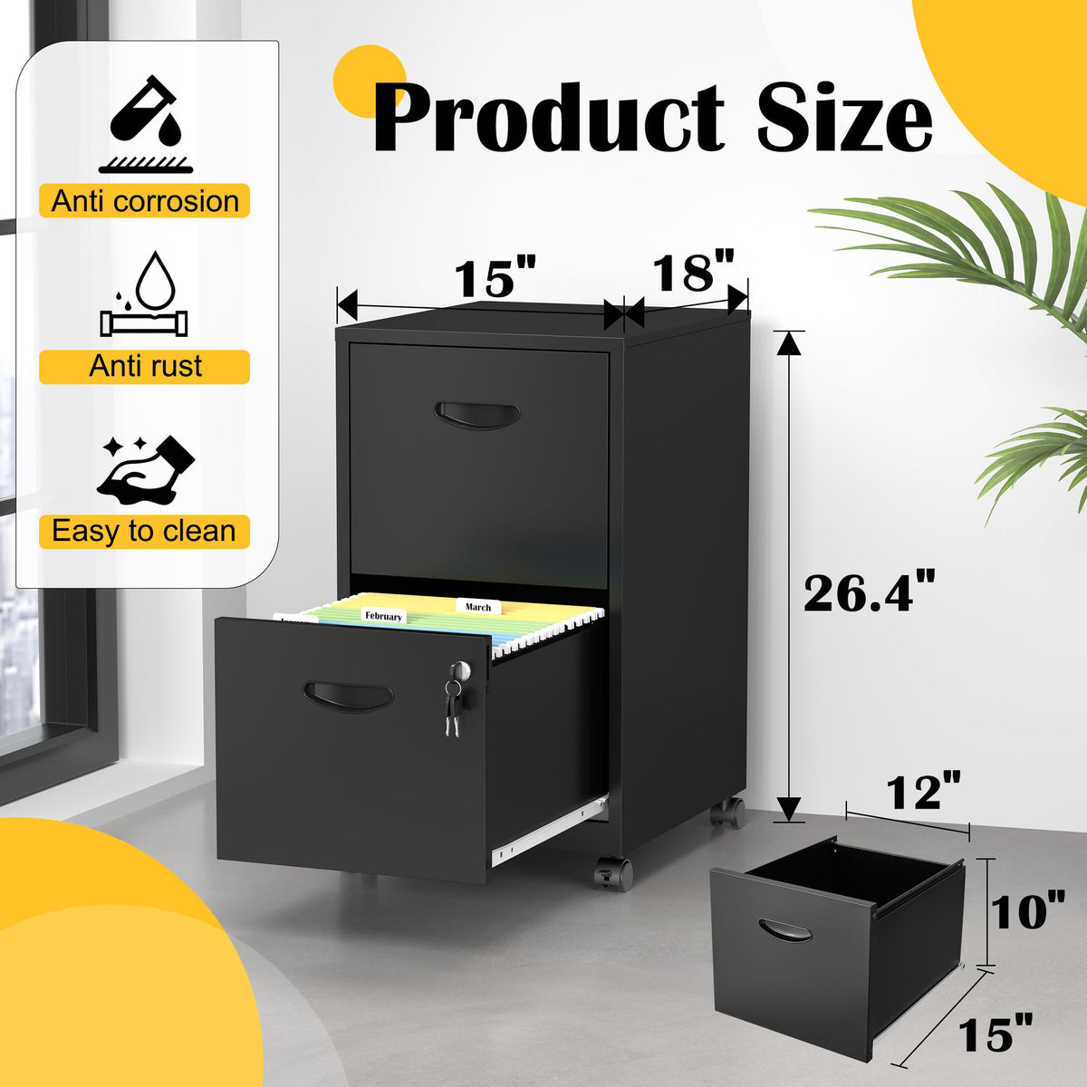 2 Drawer Black Metal File Cabinet with Lock K5696