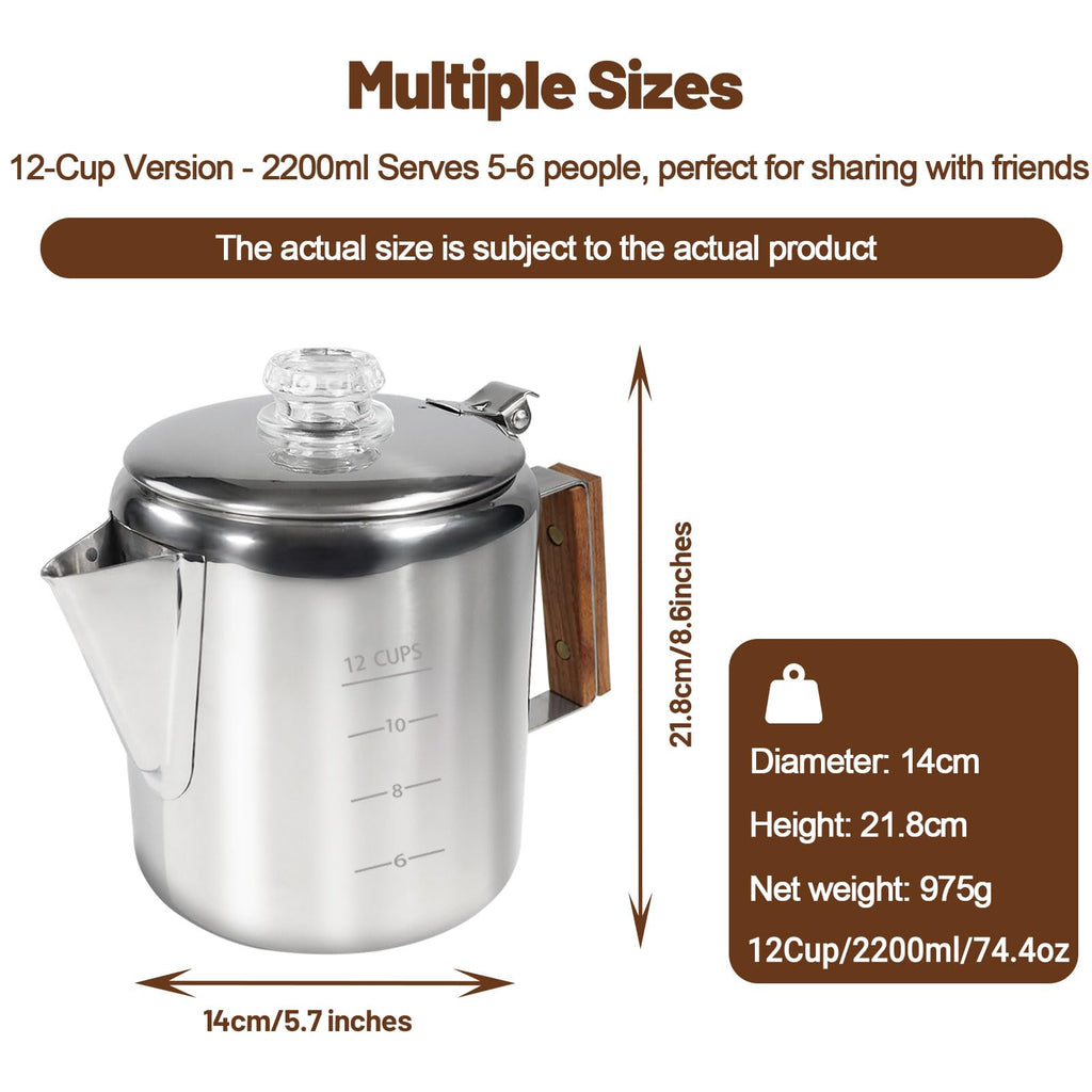 12 Cup Stainless Steel Stovetop Percolator Coffee Pot 2200ml S830533