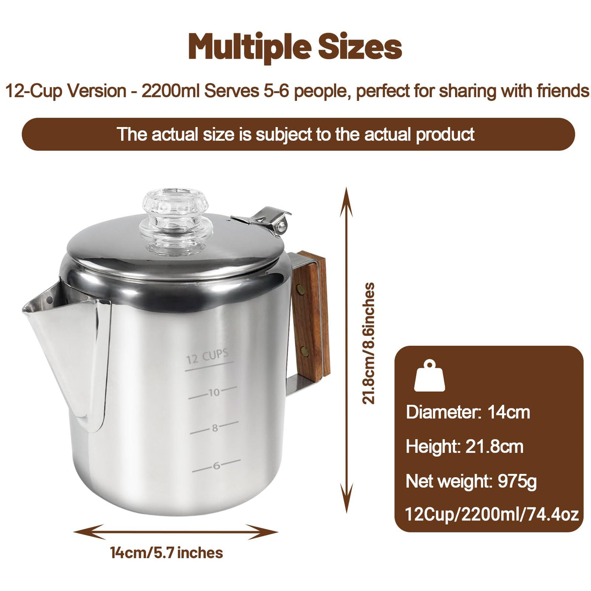 12 Cup Stainless Steel Stovetop Percolator Coffee Pot 2200ml S830533