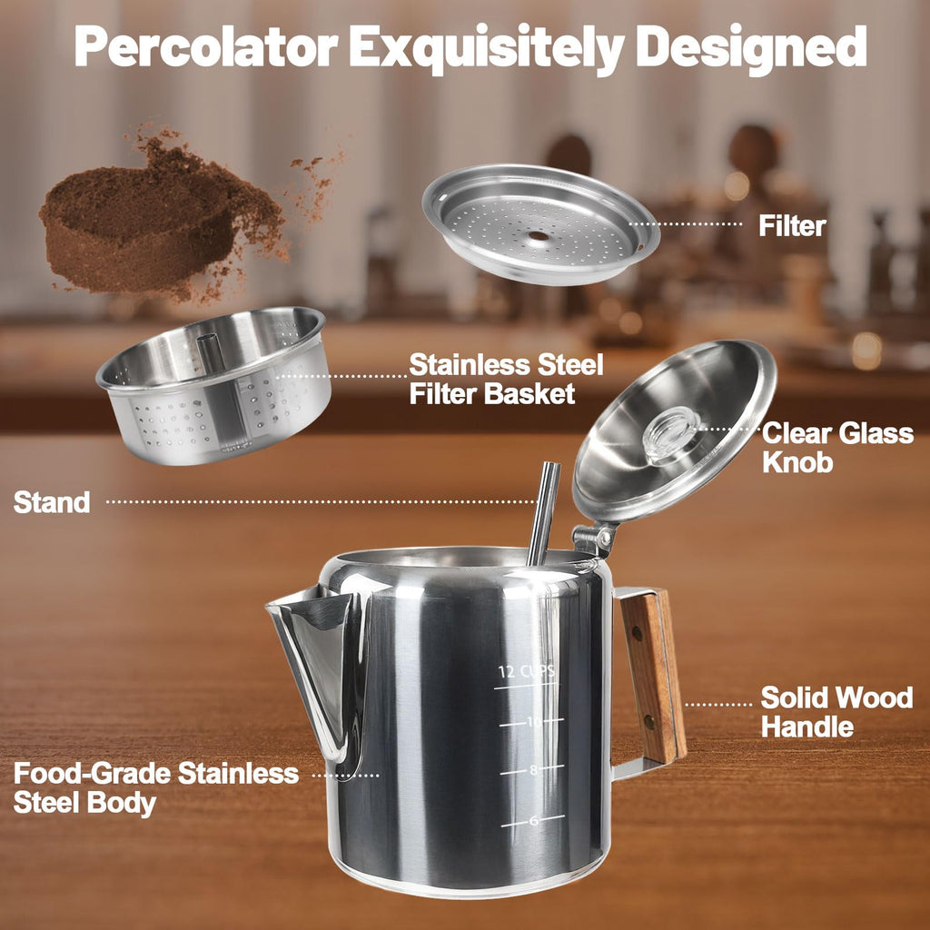 12 Cup Stainless Steel Stovetop Percolator Coffee Pot 2200ml S830533
