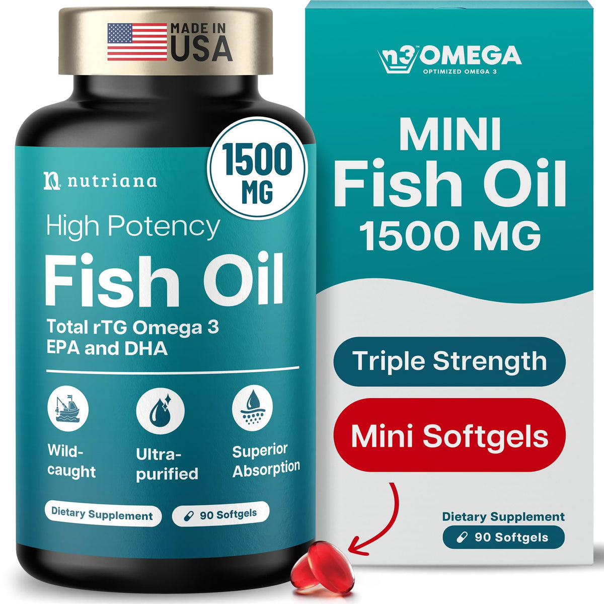 1500mg Omega 3 Fish Oil Softgels with EPA & DHA, 90 Softgels R8424